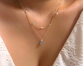 Aquamarine and pearl Asher double strand necklace (14K gold filled) Birthstone of March