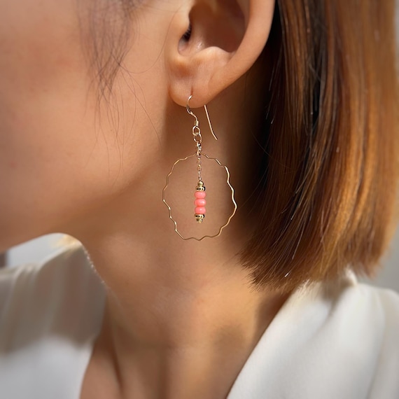 Pink Coral Momona Hammered Hoop Earrings (14K Gold Filled Coral