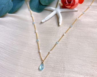 Tear drop blue topaz and tiny pearl necklace (14K gold filled) November birthstone