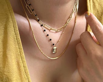 Black spinel rectangle North Star asymmetry necklace (14K gold filled / Black spinel)