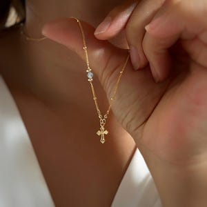 Aquamarine and tiny cross charm dainty necklace (14K gold filled / Aquamarine) Birthstone of March