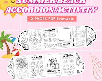 Actividad de acordeón de playa de verano, hoja para colorear, imprimible para niños