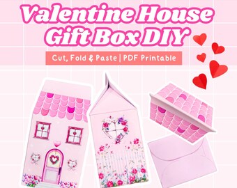 Caja de regalo de San Valentín / Caja de dulces de papel 3D / Manualidad imprimible DIY, diseño vintage rosa