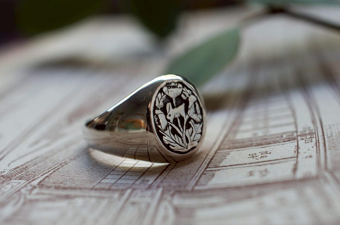 Rabbit and Poppy Signet Silver Ring - Etsy
