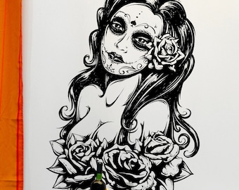 Mexican Day of the Dead Sexy Girl Vinyl Wall Decal Sticker. Sugar Skull Flower Girl Wall Decal. Die De Los Muertos. #6021