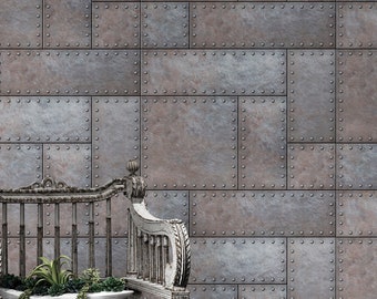 Modern Urban Wallpaper Decor. Metal Steel 3D Wall Mural. Metallic Industrial Theme Peel and Stick Wallpaper. #6740