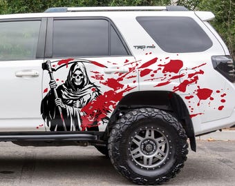 Calcomanía para auto con diseño de la Parca y salpicaduras de sangre. Calcomanía gótica de calavera para camioneta. Calcomanía para Bronco, F-150, Sierra, Tundra, Colorado Truck. #7082