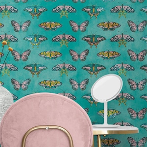 Butterfly Pattern on Green Background Wall Mural. Retro Design. Bedroom, Nursery, Home Decor. Peel and Stick Wallpaper. #6440