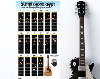 Guitar Chord Chart for Beginners. 16 Popular Chords Guide. Perfect for Students and Teachers. Educational Guitar Music Lessons. #P1003