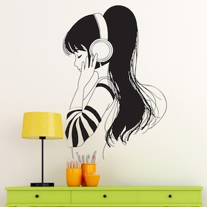 Girl with Headphones on Music Listener Vinyl Wall Art Decal Sticker. #OS_DC792