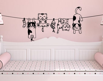 Kid's Playroom Wall Decor. Cute Playful Cats Hanging on String Wall Decal Sticker. Nursery Room Decor. Funny Cat Wall Decal.  #6760