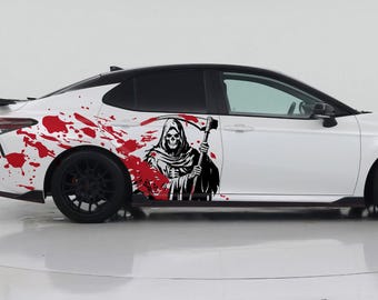 Calcomanía para auto con diseño de la Parca y salpicaduras de sangre. Calcomanía gótica de calavera para camioneta. Calcomanía para Bronco, Dorango, Civic, 4Runner, Camry, Honda. #7082