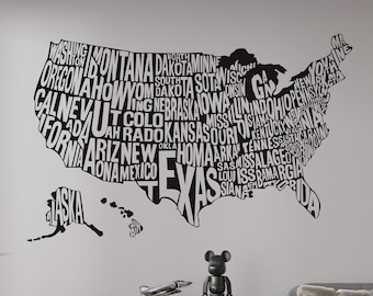 USA Map. United States of America Map wall decal. Names of Each State wall decor. Office Wall Decor. Kid's Room Decor. #1275