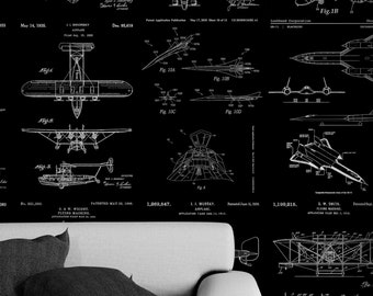 May include: Black and white vintage illustrations of various aircraft designs, including planes, helicopters, and flying machines. The illustrations are set against a black background and include patent numbers and dates.