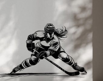 Vinilo decorativo de jugadora de hockey. Adhesivo de vinilo para dormitorio infantil, juvenil, sala de deportes, vestuario y decoración de hockey. #6957