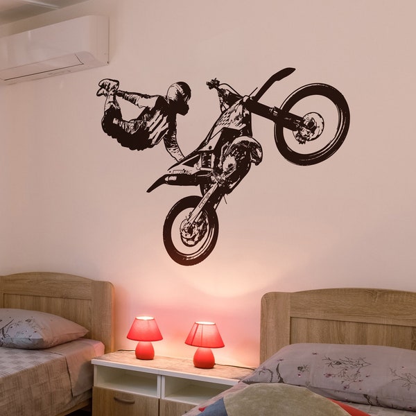 Motocross Wall Decal Sticker. Bike Jump Vinyl Wall Decal Sticker. X-Game Motorcycle Jump. (Black Vinyl Color). Boy's Room Decor.  #OS_AA195