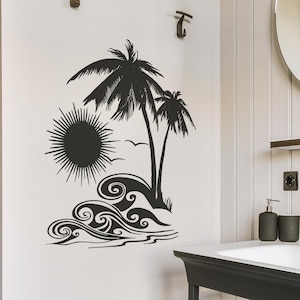Tropical Hawaii Sunset Ocean Wave Wall Decal. Bathroom, Bedroom, or Coastal Wall Sticker Decor. Palm Tree Surf Art. #OS_AA267