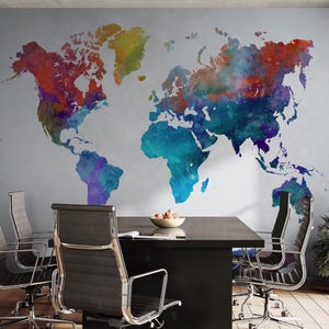 Papier peint aquarelle carte du monde - Papier peint couleur splash, carte autocollante sur le thème du voyage pour chambre d'enfant, bureau, salle de classe. #6947