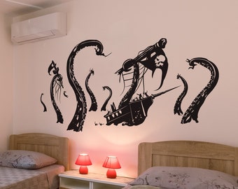 Kid's Bedroom Wall Decal. Kraken Attack Pirate Ship. Giant Octopus Wall Decal Sticker. Play Room Wall Art Decoration.  #GFoster166