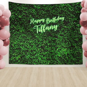 Birthday Sign Backdrop Custom Neon Name Grass Backdrop Birthday Party Banner Baby Shower Bridal Decoration Green Grass Wedding Backdrop.