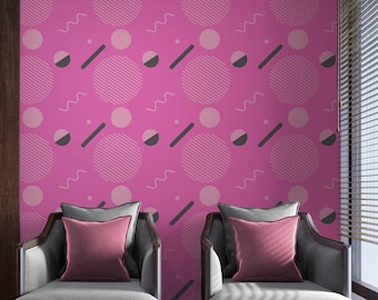 Pink Wallpaper 80s Wall Mural Neon Pink 80’s Peel and Stick Wall Mural Vintage Pink Memphis Wallpaper Circle Dot Decor. I Love 80s. #6539