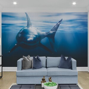 Great White Shark Wallpaper. Shark Wall Mural. Ocean Decor, Beach Theme Decor. Underwater Wallpaper Peel and Stick Wall Mural. #6670