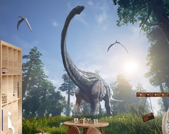 Papier peint dinosaure - Brontosaure dans une forêt pour chambre d'enfants, salle de jeux dinosaures, chambre de dinosaures, salle de classe. #FT-2285