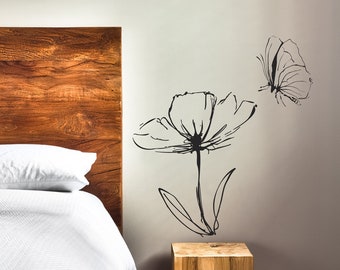 Etiqueta engomada de la pared de la flor. Decoración de pared de mariposas, decoración floral de vivero. Arte de la pared de la habitación del niño. Arte de la pared de la habitación de la niña. Arte de la pared del baño. #6693