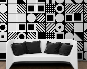 Black and White Geometric Shapes Wallpaper Mural. Modern Wallpaper Design. Contemporary Wall Decor. Squares, Lines and Circle Shapes. #6710