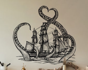 Giant Kraken Octopus Wall Decal Attacking Ship. Nautical Theme Decor, Sea Monster Fantasy Wall Art. Kid's Bedroom Wall Decor. #6784