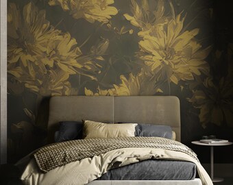 Mural de pared floral vintage en tonos sepia dorados y amarillos – Papel pintado floral autoadhesivo en tonos cálidos para dormitorio, sala de estar y estilo rústico. #7079