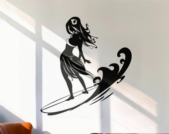 Surfer Girl Wall Decal Sticker. Hawaiian Theme Wall Decal. Hula Girl Surfing Wall Art Decor. Beach Theme Wall Art. Bathroom Wall Art. #1280