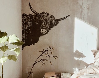 Farm Style Peeking Scottish Highland Cow Wall Decal Sticker. Farmhouse Home Decor. Funny Cow. Kitchen Decor. (Black Color) Woodland. #6319