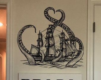 Kid's Bedroom Wall Decal. Kraken Attack Pirate Ship. Giant Octopus Wall Decal Sticker. Play Room Wall Art Decoration.  #6784