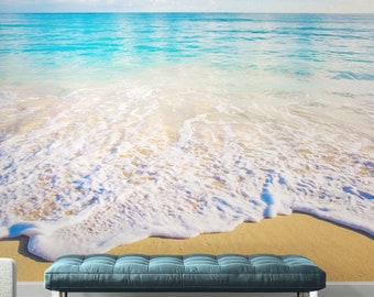 Ocean Beach Shore Wallpaper Mural. Tropical Theme Wall Decor, Bathroom Beach Decor. Seaside, Beach Theme, Beach House Decor. #6770