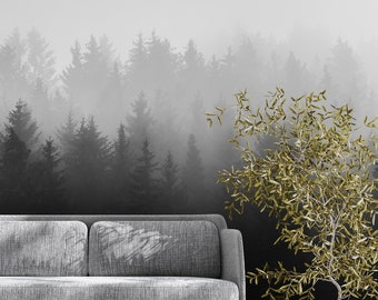 Black and White Misty Pine Forest Wallpaper. Black and White Mountain Landscape Wall Mural. Living Room, Bedroom, Bathroom Wall Decor. #6673