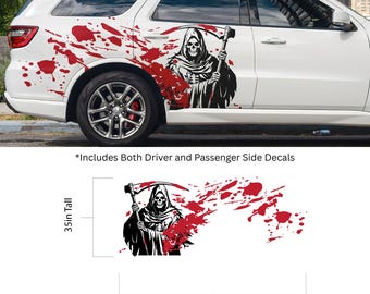 Calcomanía para auto con diseño de la Parca y salpicaduras de sangre. Calcomanía gótica de calavera para camioneta. Calcomanía para Bronco, Dorango, Civic, 4Runner, Camry, Honda. #7082