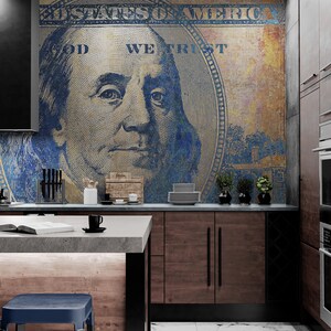 Benjamin Franklin 100 Dollar Bill Peel and Stick Wallpaper Wall Mural. Flashy Money Theme Wall Decor. Office Decor. Game Room Decor. #6642
