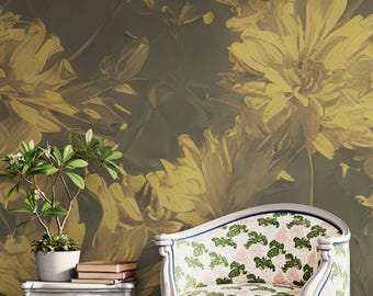 Mural de pared floral vintage en tonos sepia dorados y amarillos – Papel pintado floral autoadhesivo en tonos cálidos para dormitorio, sala de estar y estilo rústico. #7079