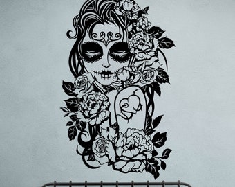 Sugar Skull Flower Girl Wall Decal. Journée des morts de la fille mexicaine (Die De Los Muertos) #6450