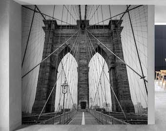 Brooklyn Bridge Wallpaper Mural. Black and White Peel and Stick Wall Mural. New York City Theme Decor. NYC Urban Wall Art. #6798