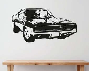 Classic Muscle Car Wall Decal. 70s Inspired Car. Game Room Decor. Garage Wall Art. Car Enthusiast Decor / Charger. (Black Color) #OS_AA125