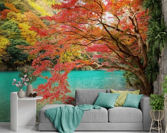 Colorful Teal Water Lake View Landscape Wallpaper Mural. Autumn Leaves Wall Art. Arashiyama River Kyoto Peel and Stick Wallpaper. #6745