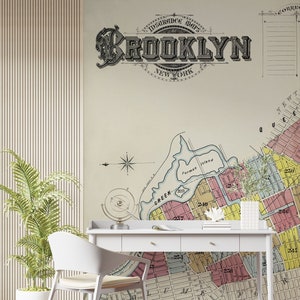 Fond d'écran de la carte de Brooklyn. Carte vintage rétro de Brooklyn New York Wall Mural 1888 Carte de NYC Peel and Stick Wallpaper. Décoration murale de bureau. #6410