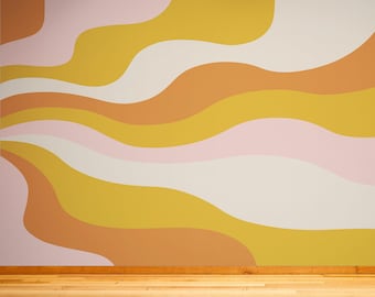 Mural autoadhesivo con diseño abstracto de ondas estilo años 70. Colores: naranja quemado, mostaza, amarillo y rosa pálido. Decoración de baño de mediados de siglo. #7043