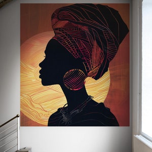 May include: A silhouette of a woman with a colorful head wrap and large earrings against a background of swirling orange and yellow lines.