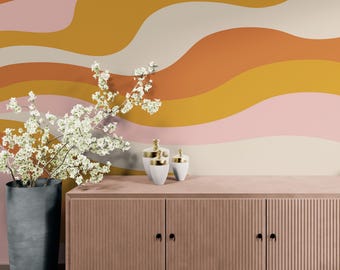 Mural autoadhesivo con diseño abstracto de ondas estilo años 70. Colores: naranja quemado, mostaza, amarillo y rosa pálido. Decoración moderna de mediados de siglo. #7043