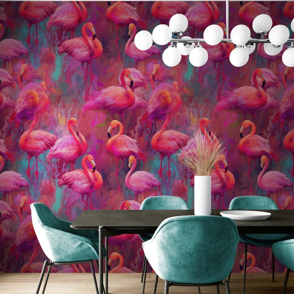 Bright Pink Flamingos Wallpaper - Modern Painting Wall Decor. Miami Vibes, Tropical Beach Theme Home Decor. Chic Accent Living Room. #6581