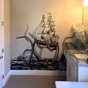 Giant Octopus Attacks Ship in Ocean Wall Decal. Kracken Theme Decor.  Kid's Room Wall Decor. Beach Theme Wall Decor. Nautical Theme. #5345