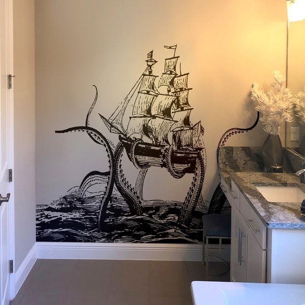 Giant Octopus Attacks Ship in Ocean Wall Decal. Kraken Theme Decor.  Kid's Room Wall Decor. Beach Theme Wall Decor. Nautical Theme. #5345